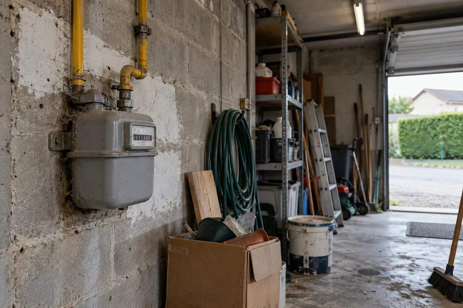 Compteur de gaz et tuyau jaune dans un garage encombré d'un pavillon, en plein mois d'octobre