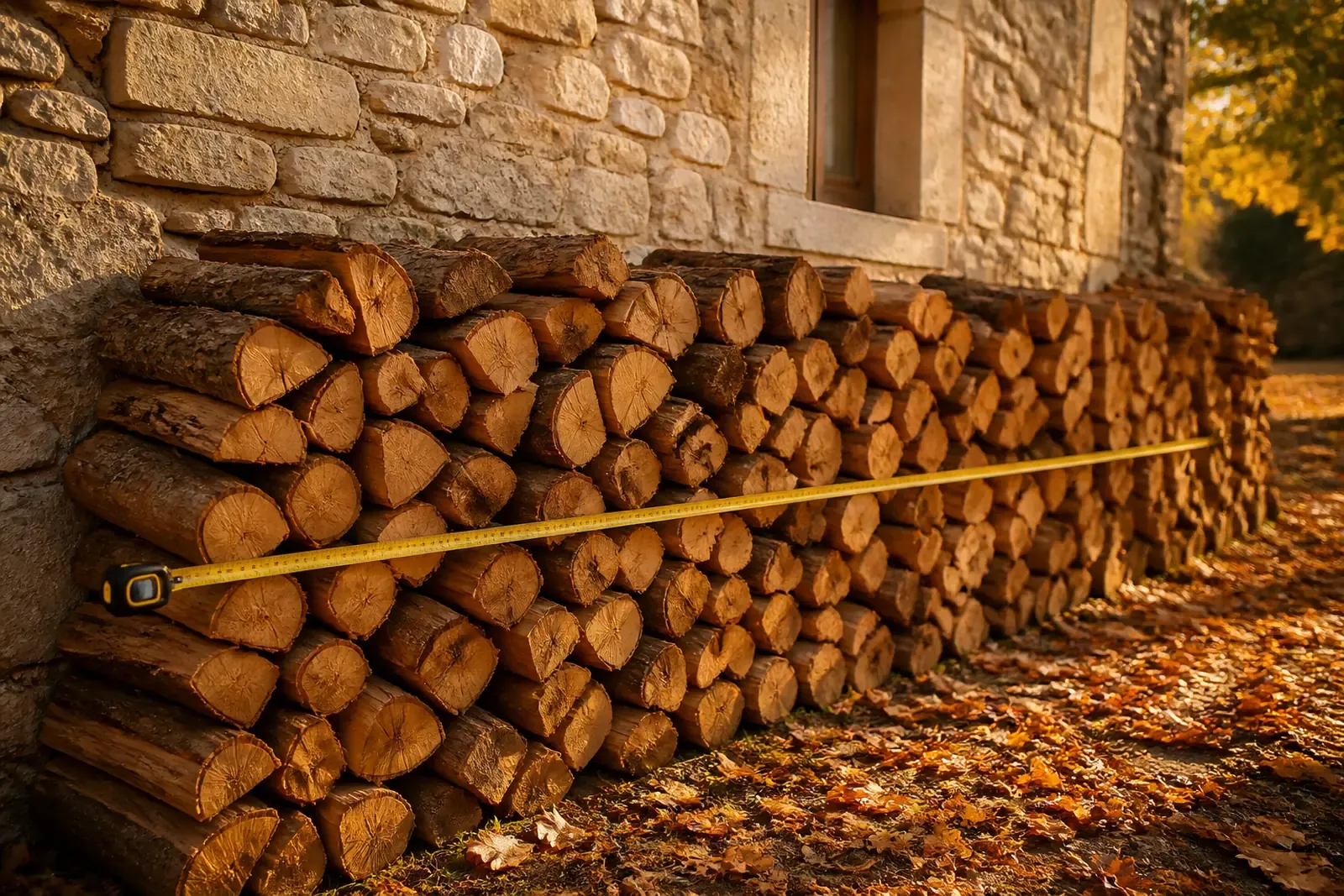 Tas de bûches rangé contre un mur de pierre, mesuré au mètre ruban, lumière dorée d'automne